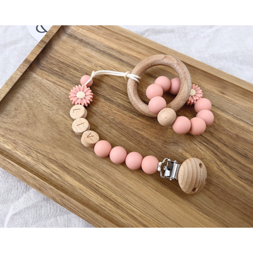 Set speenkoord met naam en bijtring | Flower | Pink | 0+mnd | s25 collectie | Brievenbusproof