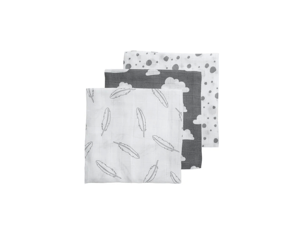 UITVERKOOP | 3-Pack hydrofiele monddoeken (30x30cm) | Grijs/feathers| Los product | Brievenbusproof